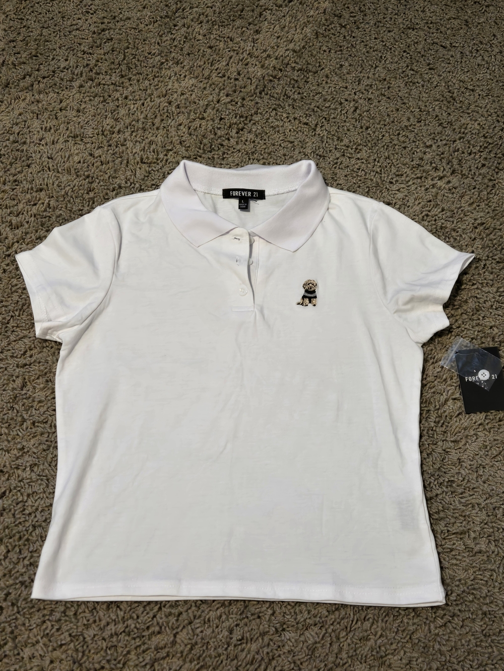 Forever 21 White Polo Shirt with Embroidered Dog